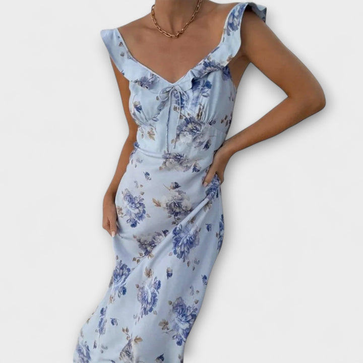 Traudel | Kryptografisches Maxikleid mit tiefem Ausschnitt und Blumenmuster
