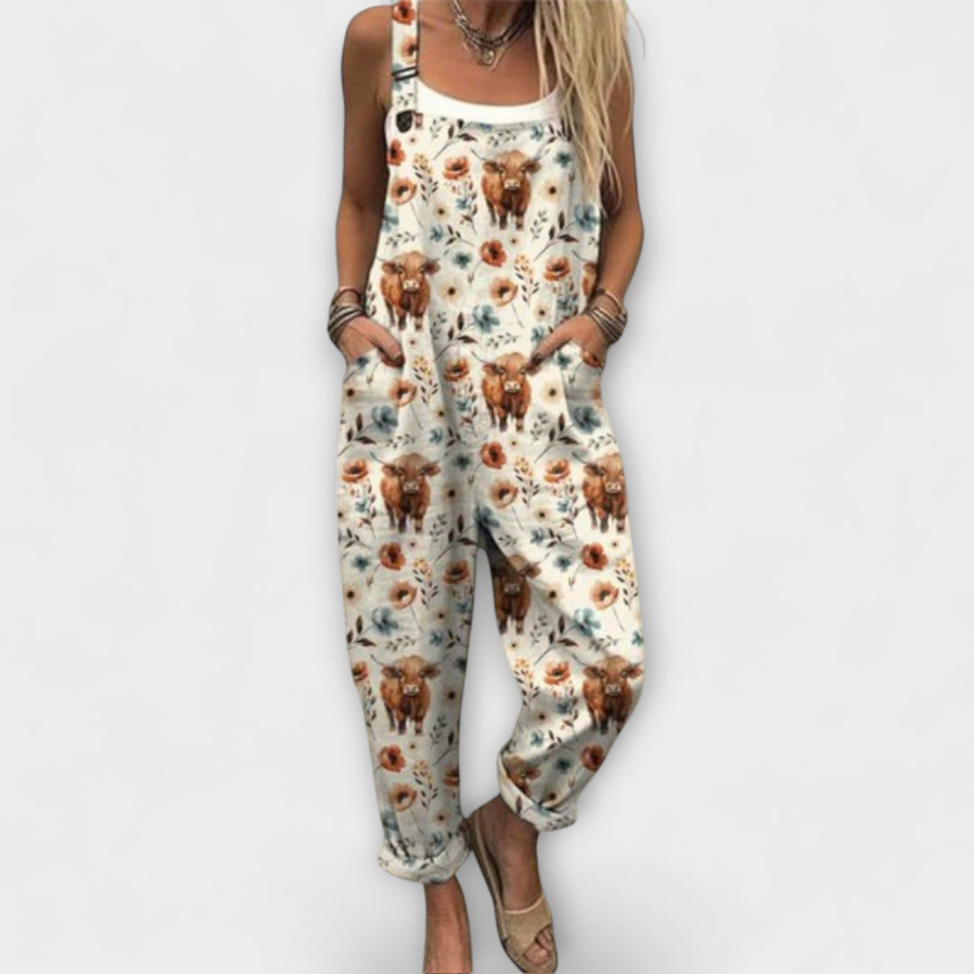 Anke | Latzhose mit Kuh- und Blumenmuster