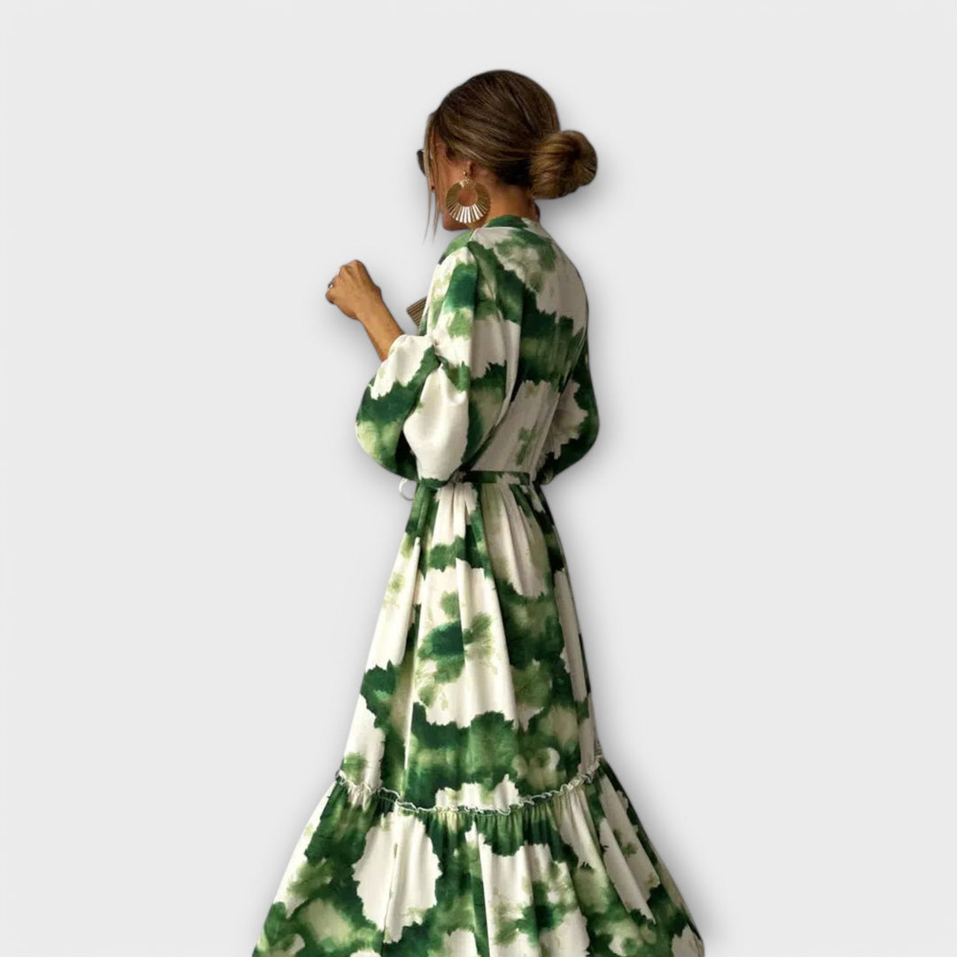 Nele | Grünes Maxi-Kleid mit langen Ärmeln und V-Ausschnitt