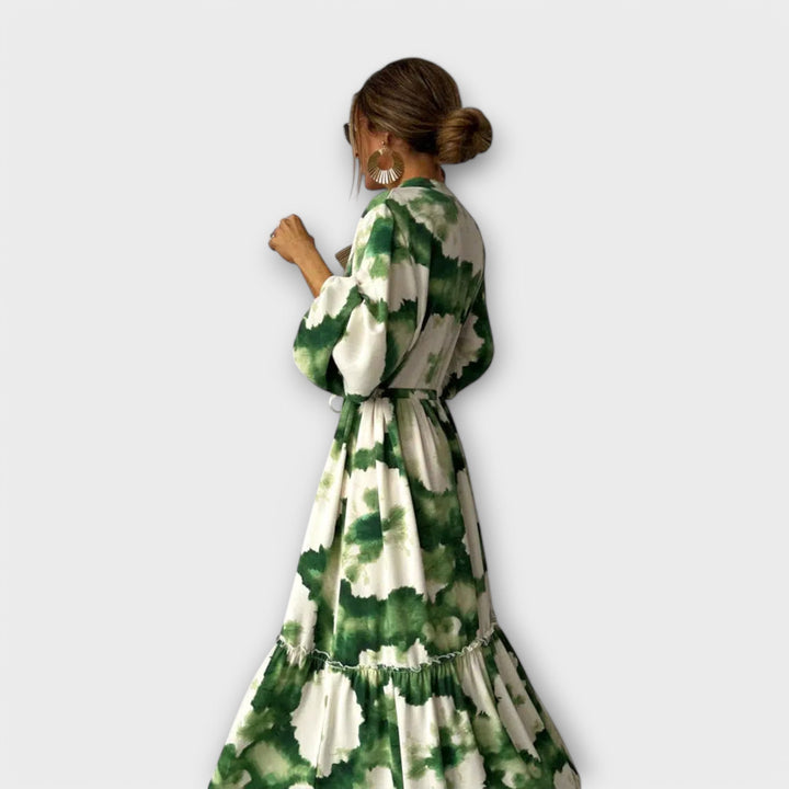 Nele | Grünes Maxi-Kleid mit langen Ärmeln und V-Ausschnitt