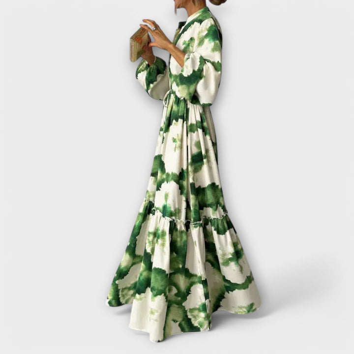 Nele | Grünes Maxi-Kleid mit langen Ärmeln und V-Ausschnitt