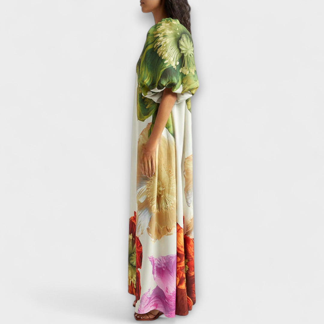 Amelie | Maxikleid mit Blumendruck, schrägem Kragen und Puffärmeln