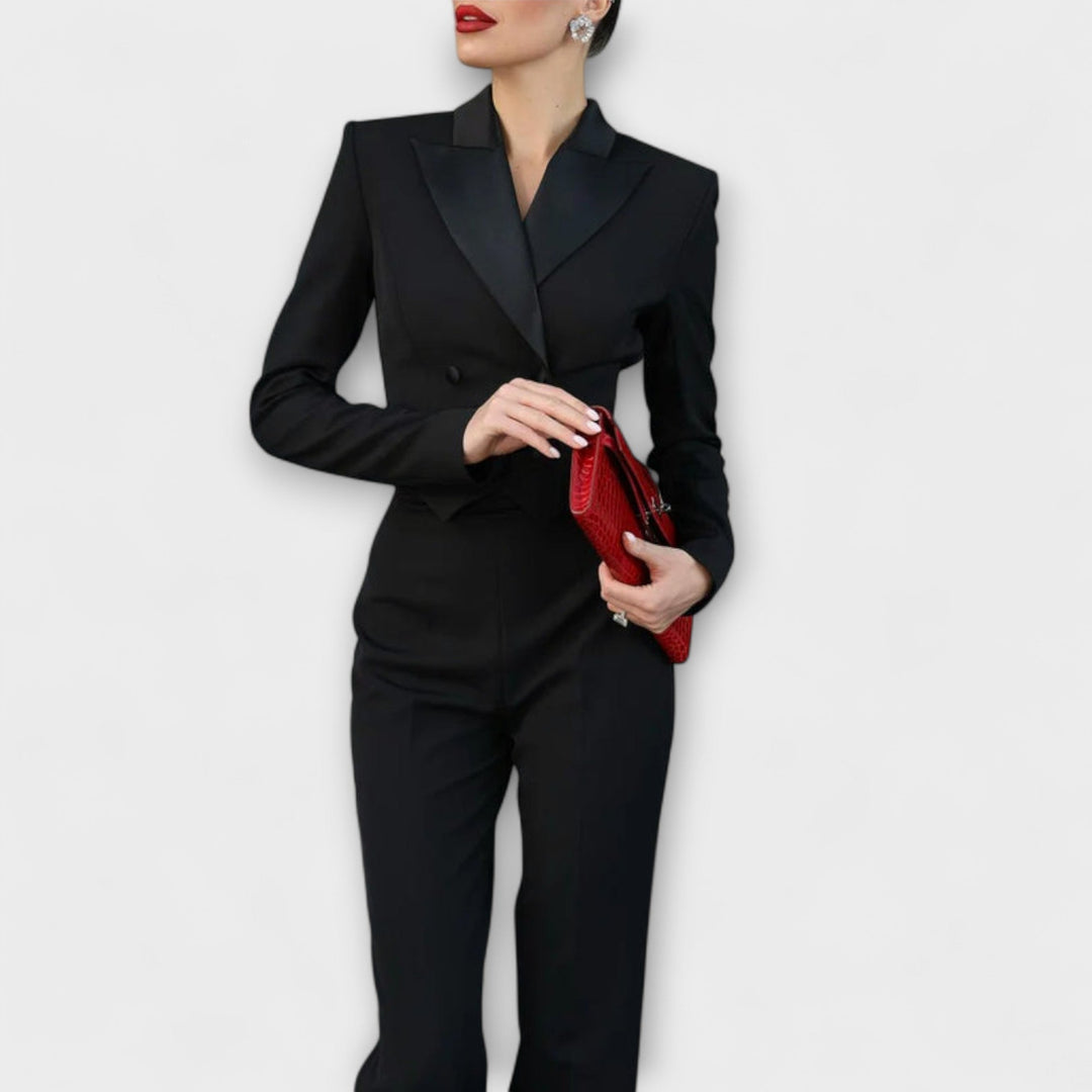 Eva-Maria | Schwarzes Perlenbesetztes Rückenfreies Kurzes Blazer-Set