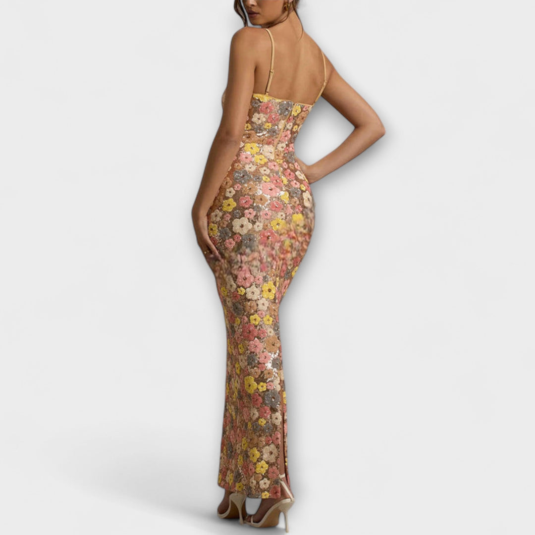 Nadine | Maxi-Kleid mit floralen Pailletten im 80er-Jahre-Stil
