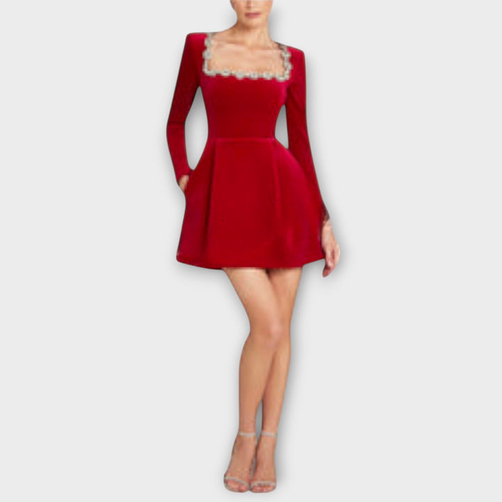 Frauke | Samt-Mini-Kleid mit Juwelenverzierung