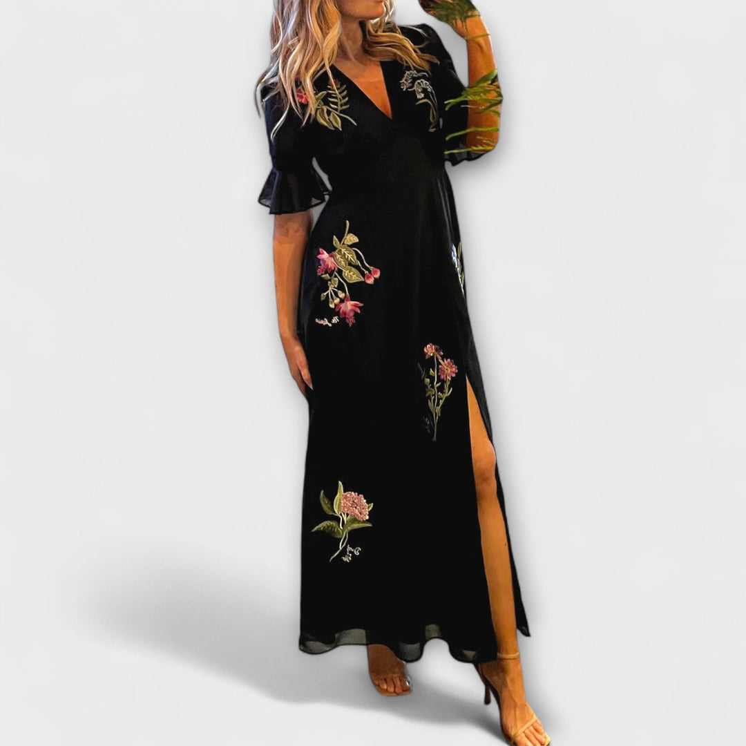 Trude | Elegantes Navy Blau Kleid mit floralstickerei