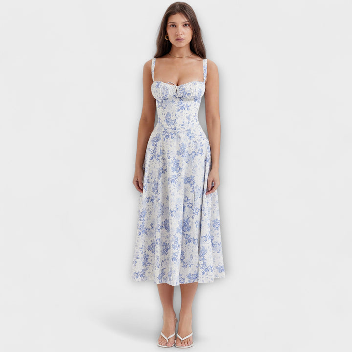 Laura | Taillierte Bustierkleid mit modernem Frühlingsblumenprint