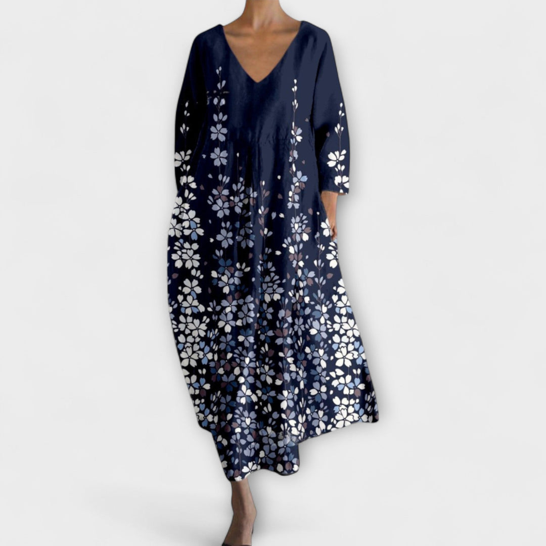 Erika | Langes, farbenfrohes Kleid mit V-Ausschnitt