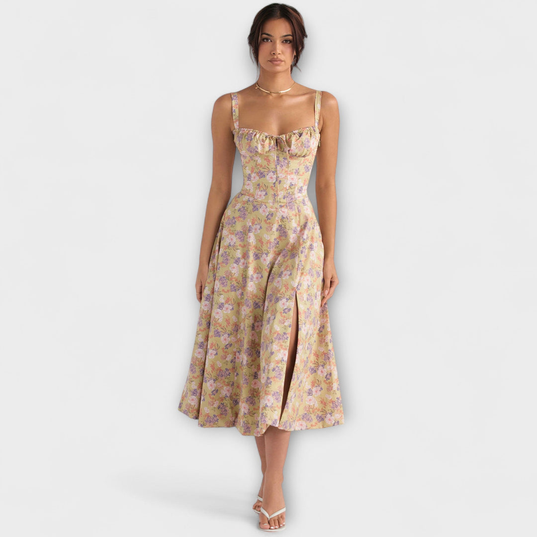 Laura | Taillierte Bustierkleid mit modernem Frühlingsblumenprint