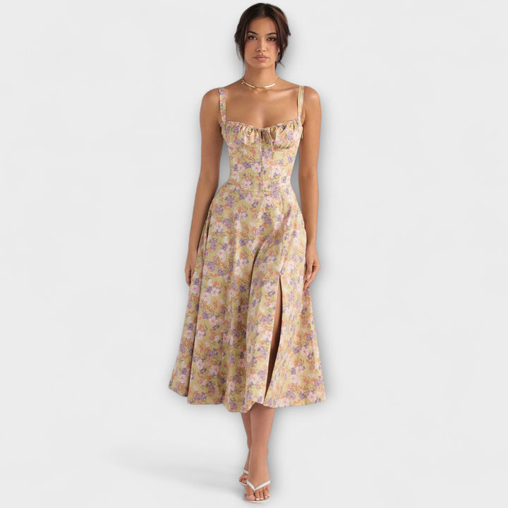 Laura | Taillierte Bustierkleid mit modernem Frühlingsblumenprint