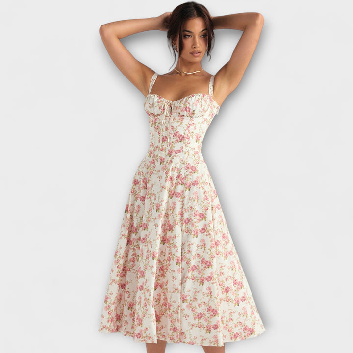 Laura | Taillierte Bustierkleid mit modernem Frühlingsblumenprint