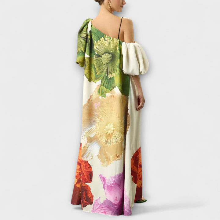 Amelie | Maxikleid mit Blumendruck, schrägem Kragen und Puffärmeln