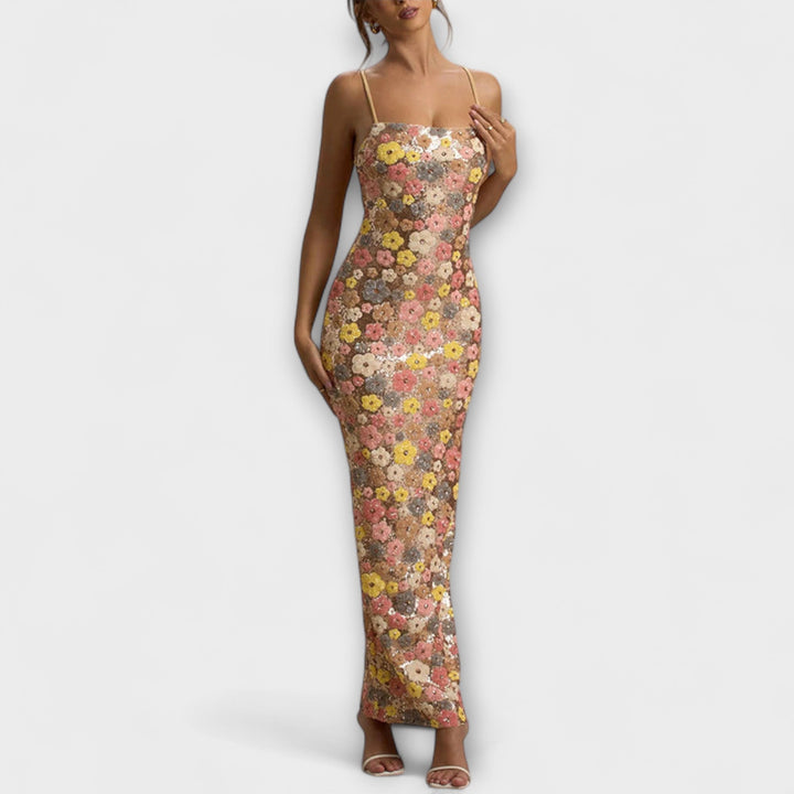Nadine | Maxi-Kleid mit floralen Pailletten im 80er-Jahre-Stil
