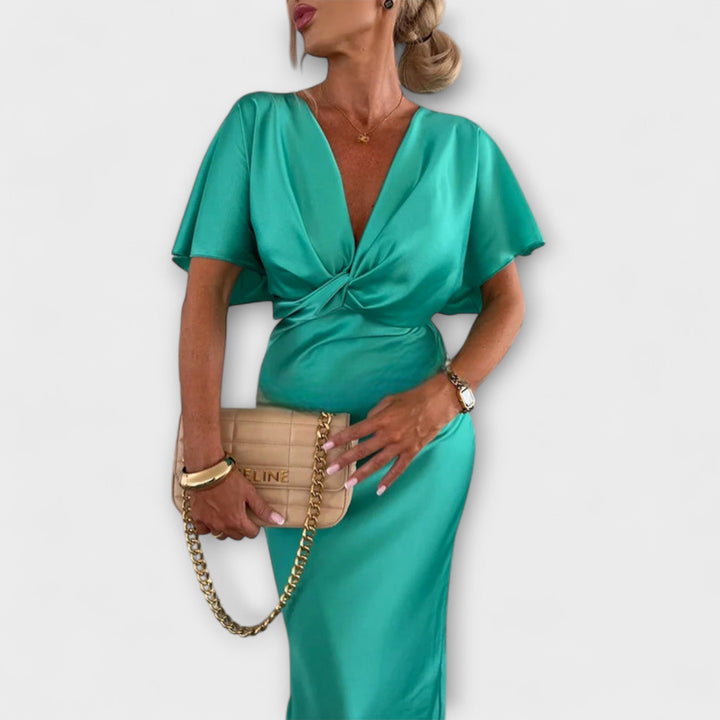 Rosalie | Solides Satin V-Ausschnitt Kreuzknoten figurbetont Maxikleid