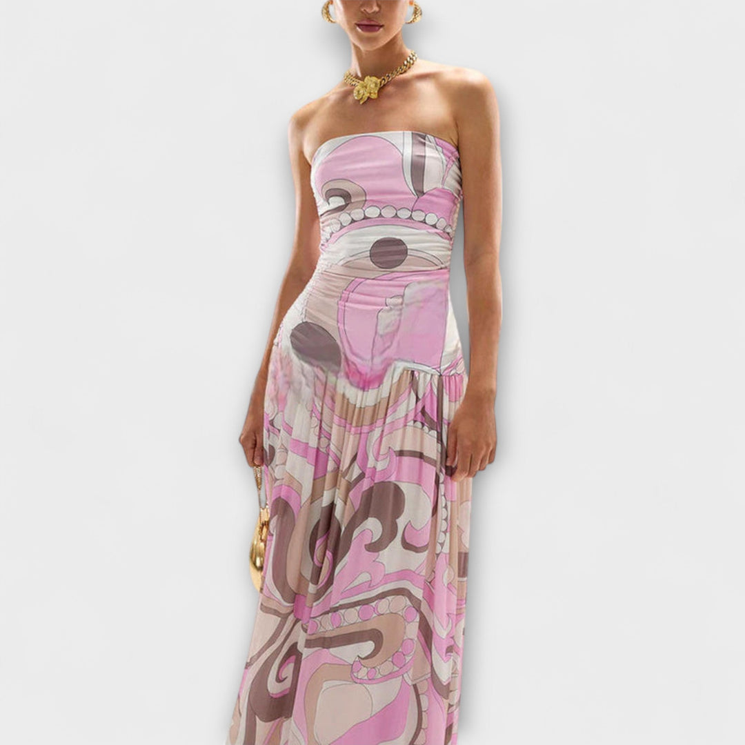 Isabelle | Atemberaubendes pastellfarbenes schulterfreies Maxikleid