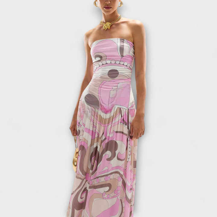 Isabelle | Atemberaubendes pastellfarbenes schulterfreies Maxikleid