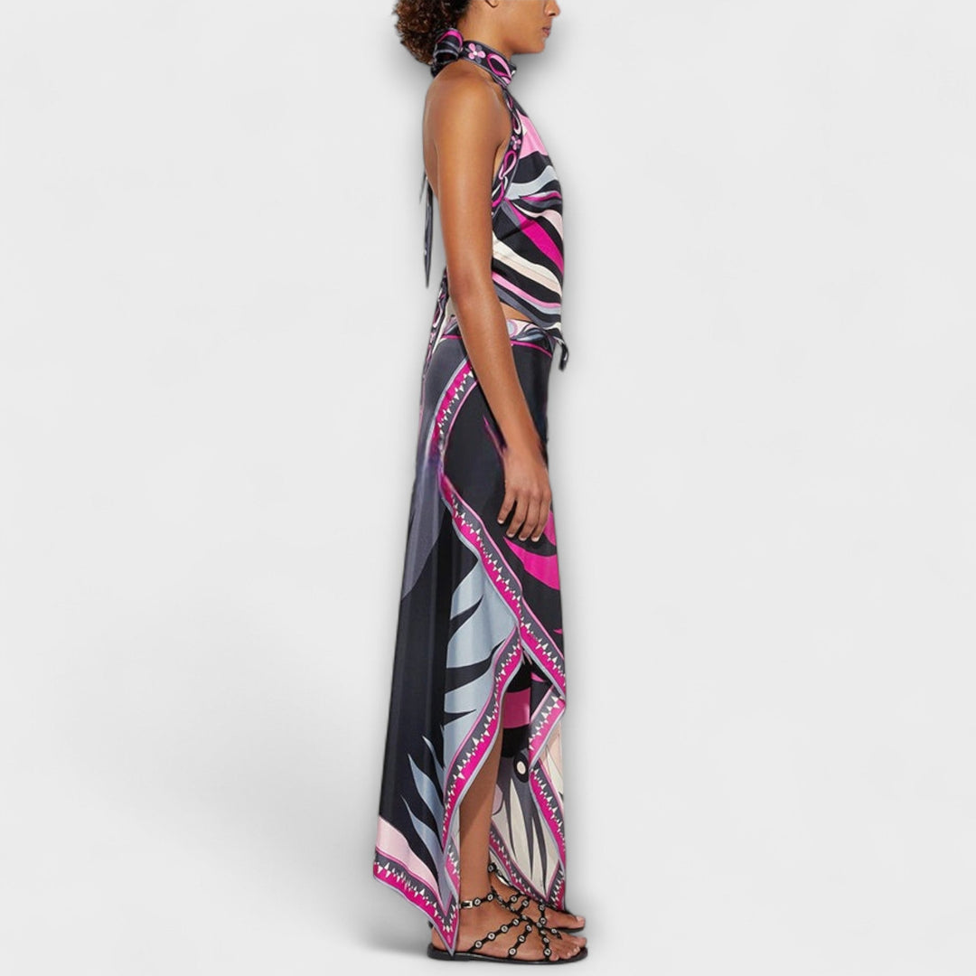 Margarete | Set aus Neckholder-Top und asymmetrischem Midi-Rock