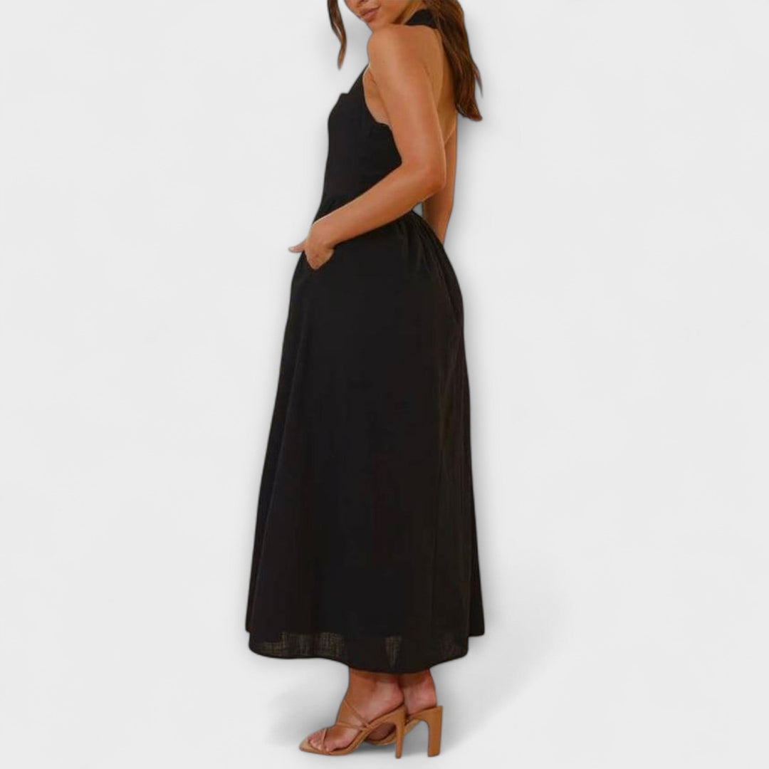 Elsa | Mid-Length Schwarzes Halterkleid mit Taillendetail