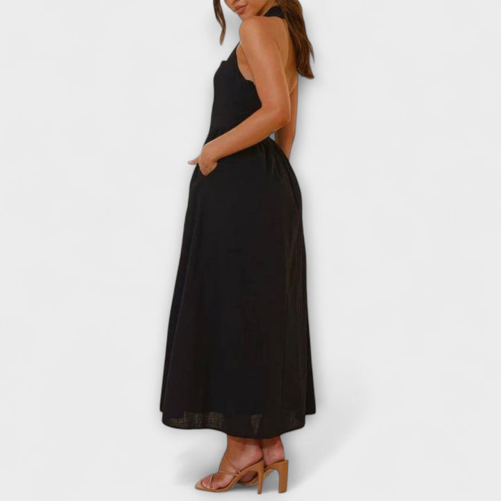 Elsa | Mid-Length Schwarzes Halterkleid mit Taillendetail