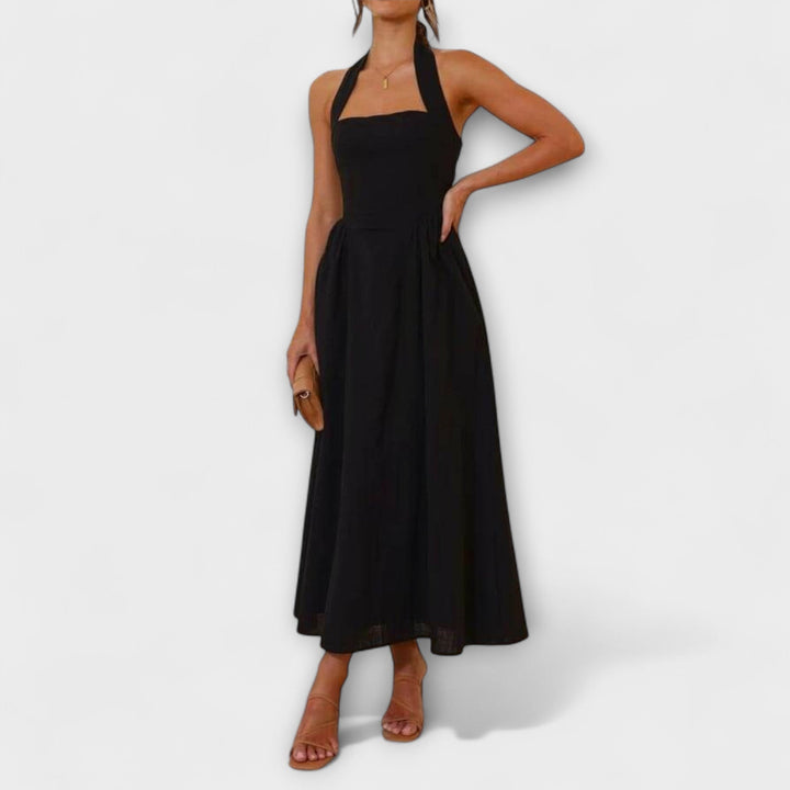 Elsa | Mid-Length Schwarzes Halterkleid mit Taillendetail