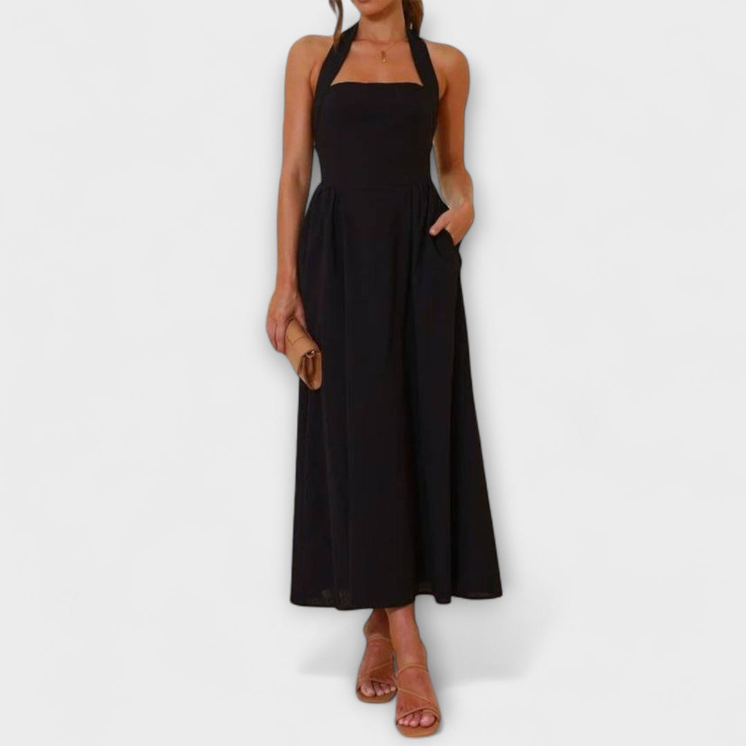 Elsa | Mid-Length Schwarzes Halterkleid mit Taillendetail