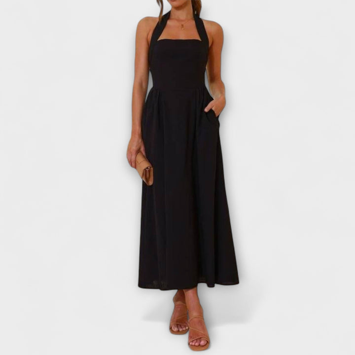 Elsa | Mid-Length Schwarzes Halterkleid mit Taillendetail