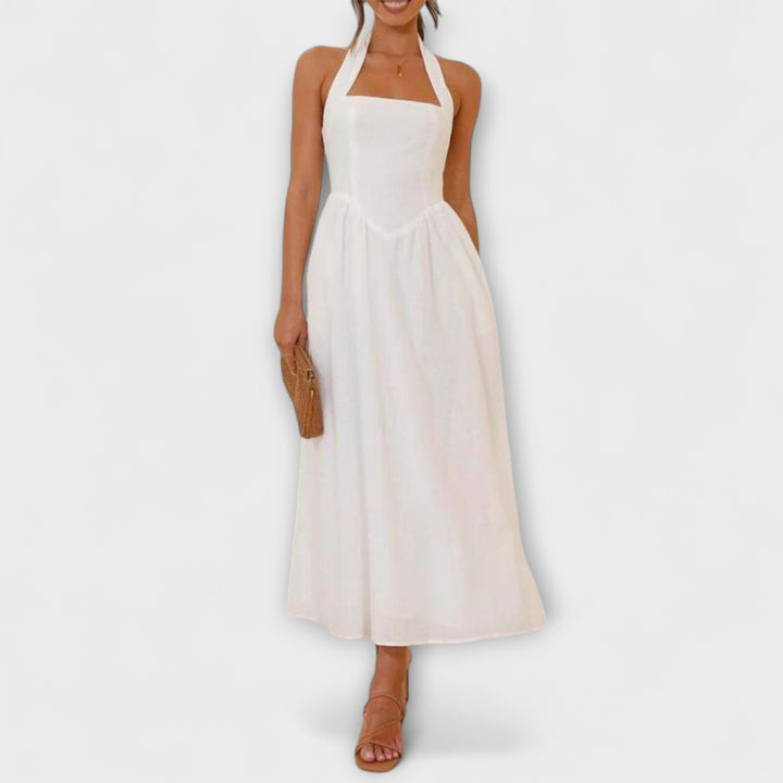 Elsa | Mid-Length Schwarzes Halterkleid mit Taillendetail