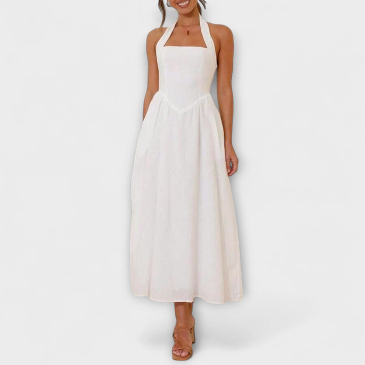 Elsa | Mid-Length Schwarzes Halterkleid mit Taillendetail