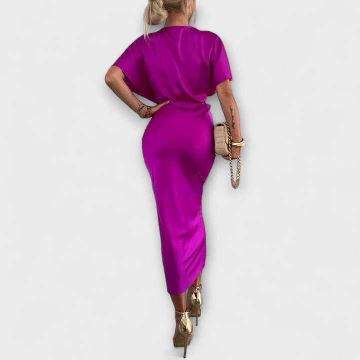 Rosalie | Solides Satin V-Ausschnitt Kreuzknoten figurbetont Maxikleid