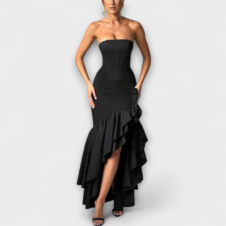 Vivien | schulterfrei figurbetont Maxikleid mit asymmetrischem Saum