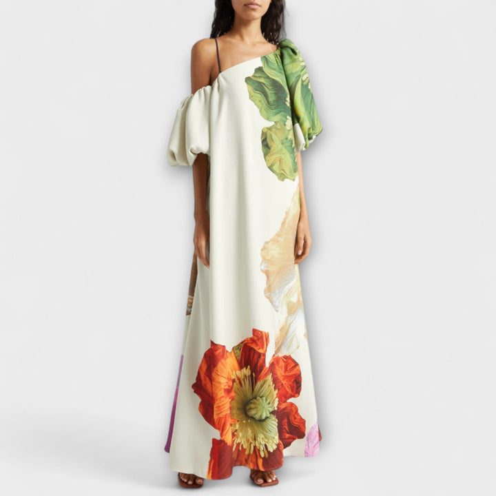 Pia | Asymmetrisches floral-Maxikleid