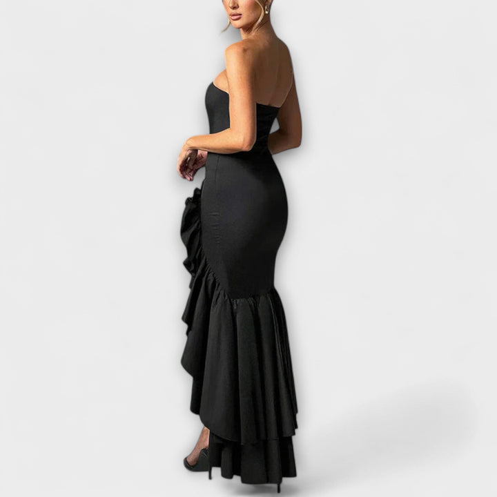 Vivien | schulterfrei figurbetont Maxikleid mit asymmetrischem Saum