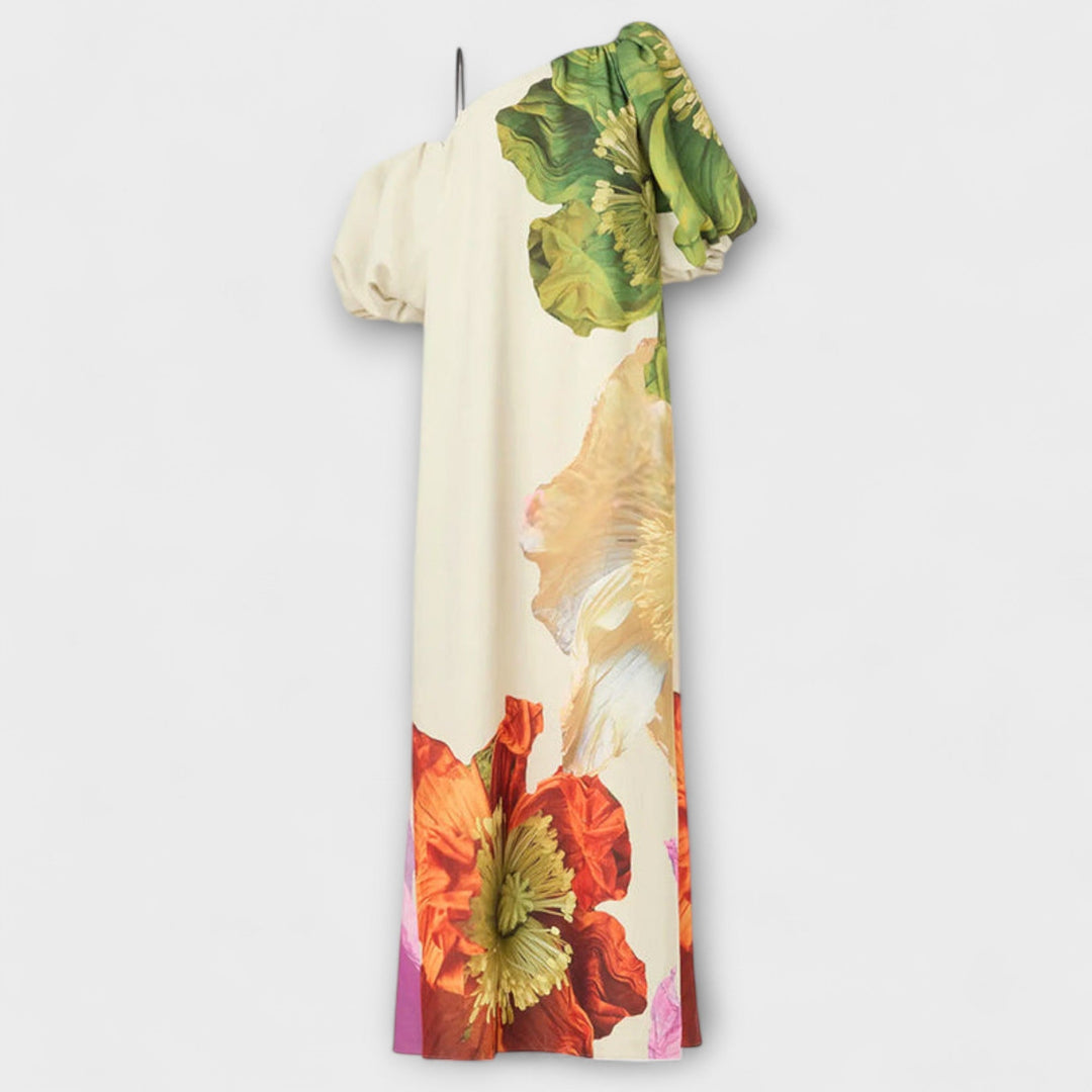 Amelie | Maxikleid mit Blumendruck, schrägem Kragen und Puffärmeln