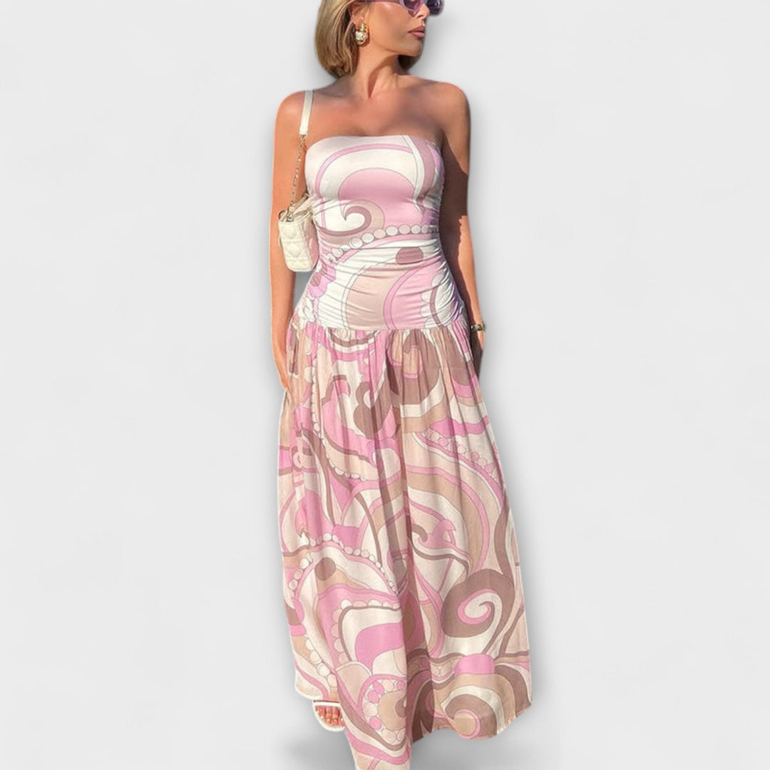 Isabelle | Atemberaubendes pastellfarbenes schulterfreies Maxikleid