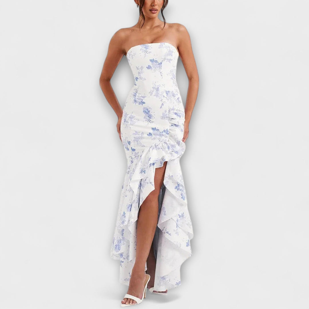 Vivien | schulterfrei figurbetont Maxikleid mit asymmetrischem Saum