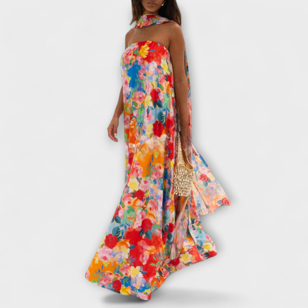 Verena | schulterfrei Maxikleid mit Blumenmuster