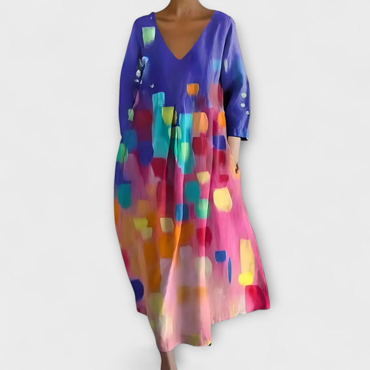 Erika | Langes, farbenfrohes Kleid mit V-Ausschnitt