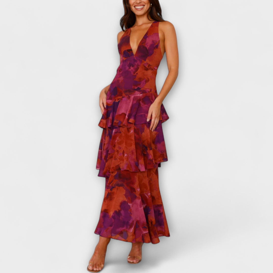 Gisela | Chiffonkleid mit V-Ausschnitt und fließenden Lagen