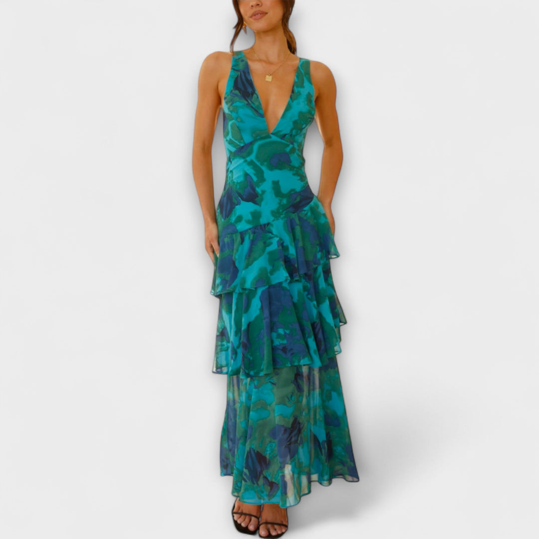 Gisela | Chiffonkleid mit V-Ausschnitt und fließenden Lagen