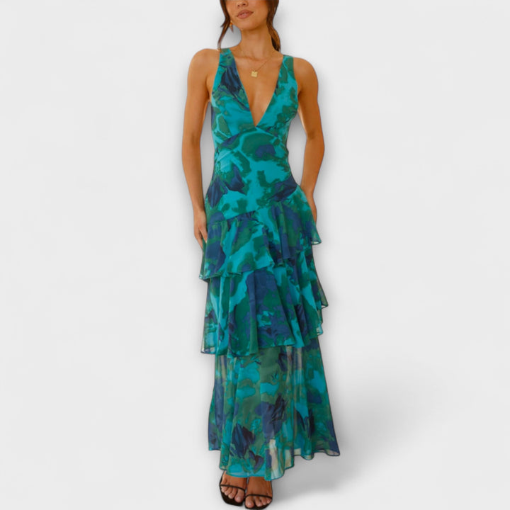 Gisela | Chiffonkleid mit V-Ausschnitt und fließenden Lagen