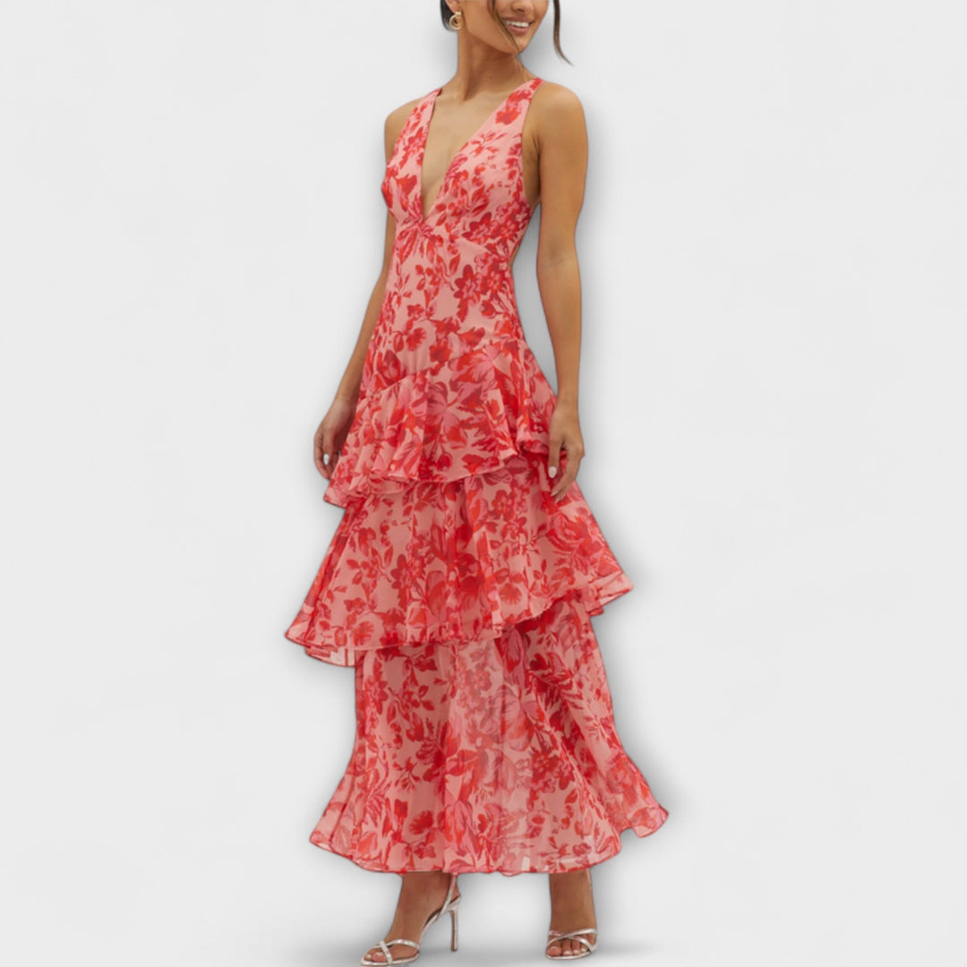 Gisela | Chiffonkleid mit V-Ausschnitt und fließenden Lagen