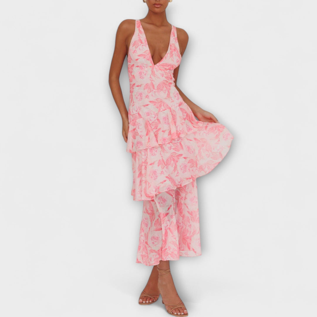 Gisela | Chiffonkleid mit V-Ausschnitt und fließenden Lagen